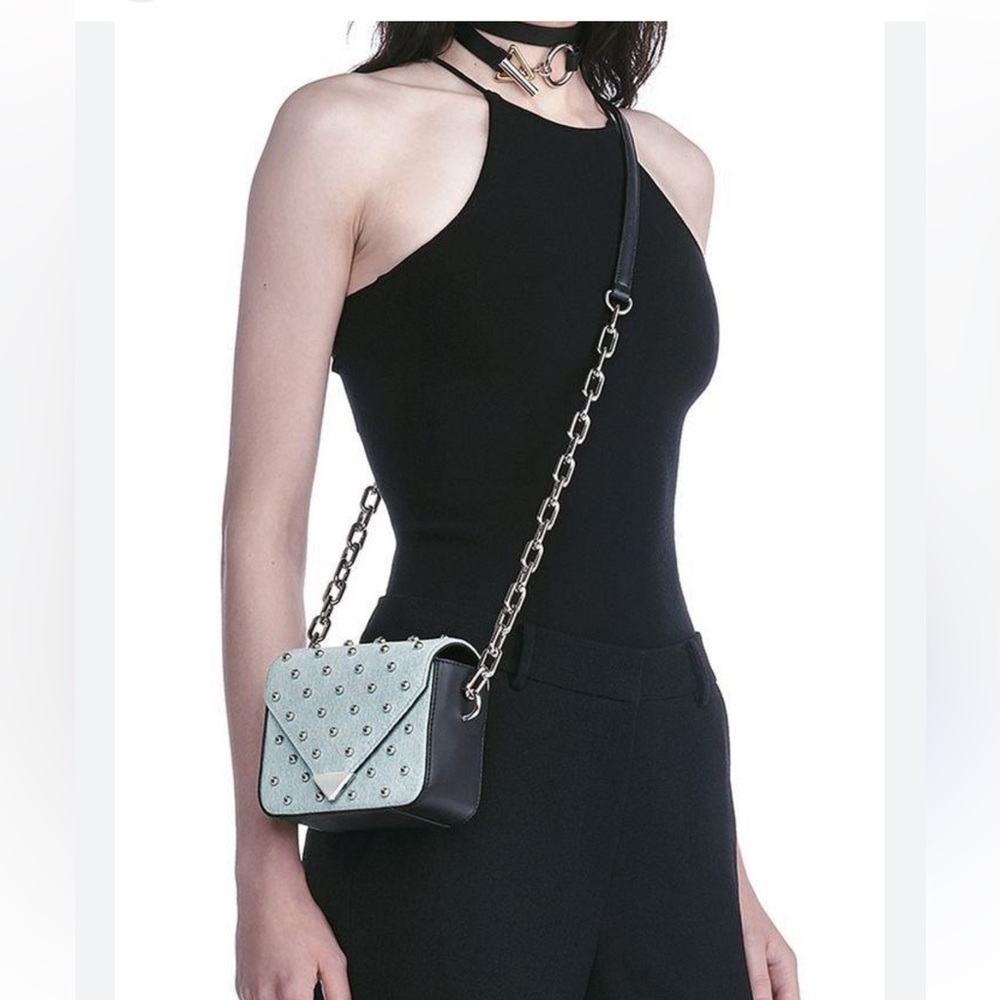 ALEXANDER WANG PRISMA ENVELOPE DENIM STUDDED MINI BAG $750